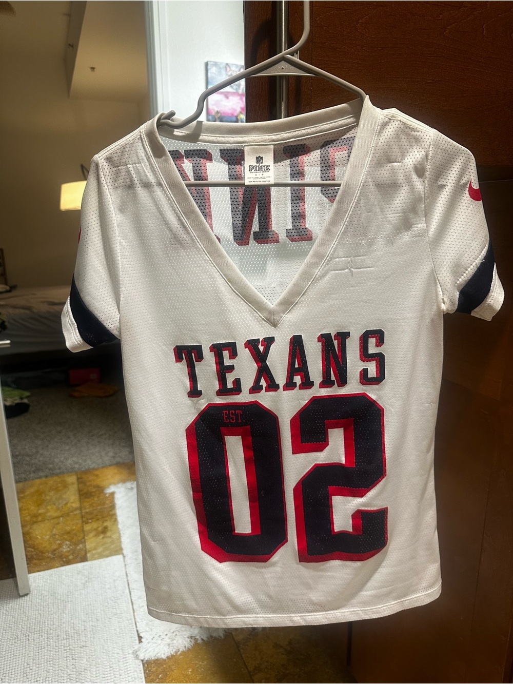 PINK Victoria's Secret White Texans Jersey with Navy and Red Accents